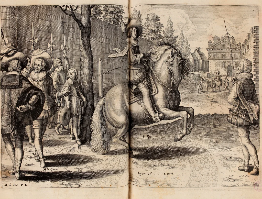 An illustration from Reitkunst Herrn Antonij de Pluvinel, darinnen er die jetzo regirende Kön. Mayst. in Frankreich/Ludouicum XIII. vnderwiesen : lehrend / Wie ein Reutersmann sich zu allen ritterlichen Vbungen bequemen vnd instellen / wie ein Pferd zum Gehorsam zubringen vnd in allerley schönen Schulen / Stücken vnd Maneigen leichtlich vnd volkommenlich abgerichtet werden soll : In Frantzösischer vnd Teutscher Sprach an den Tag gegeben / vnnd mit sechzig schönen Kupfferstücken gezieret, 1628, leaf 150
