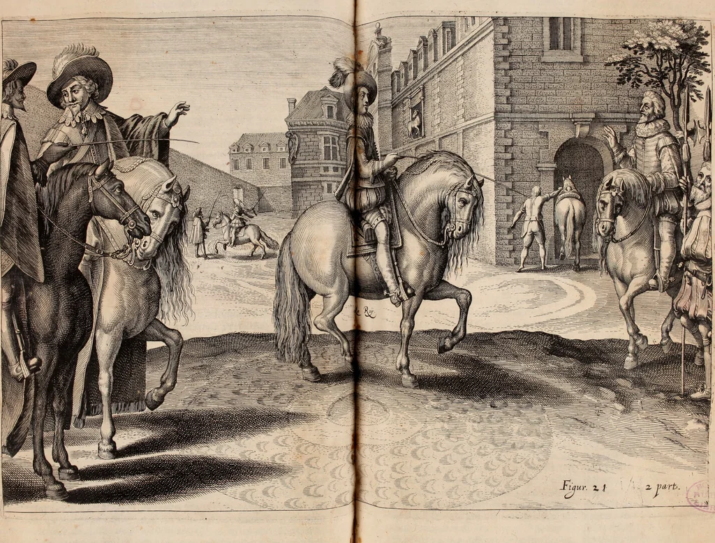 An illustration from Reitkunst Herrn Antonij de Pluvinel, darinnen er die jetzo regirende Kön. Mayst. in Frankreich/Ludouicum XIII. vnderwiesen : lehrend / Wie ein Reutersmann sich zu allen ritterlichen Vbungen bequemen vnd instellen / wie ein Pferd zum Gehorsam zubringen vnd in allerley schönen Schulen / Stücken vnd Maneigen leichtlich vnd volkommenlich abgerichtet werden soll : In Frantzösischer vnd Teutscher Sprach an den Tag gegeben / vnnd mit sechzig schönen Kupfferstücken gezieret, 1628, leaf 158