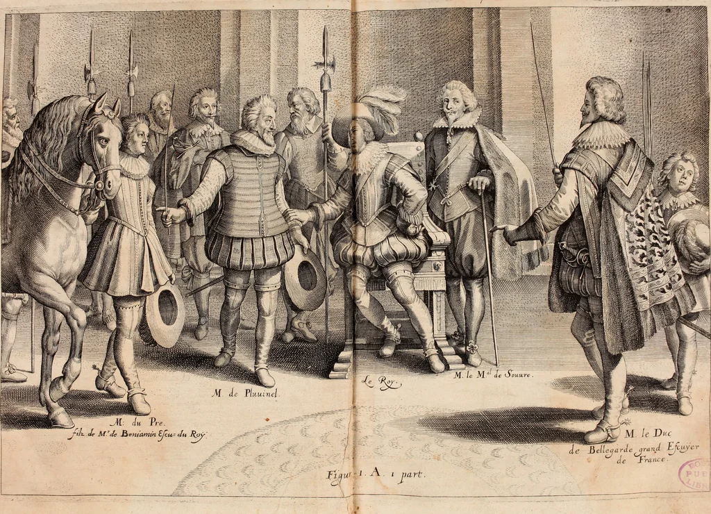 An illustration from Reitkunst Herrn Antonij de Pluvinel, darinnen er die jetzo regirende Kön. Mayst. in Frankreich/Ludouicum XIII. vnderwiesen : lehrend / Wie ein Reutersmann sich zu allen ritterlichen Vbungen bequemen vnd instellen / wie ein Pferd zum Gehorsam zubringen vnd in allerley schönen Schulen / Stücken vnd Maneigen leichtlich vnd volkommenlich abgerichtet werden soll : In Frantzösischer vnd Teutscher Sprach an den Tag gegeben / vnnd mit sechzig schönen Kupfferstücken gezieret, 1628, leaf 16