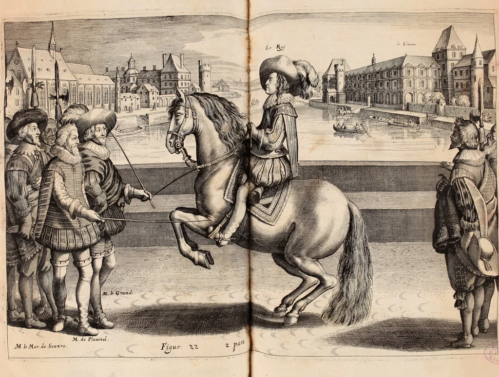 An illustration from Reitkunst Herrn Antonij de Pluvinel, darinnen er die jetzo regirende Kön. Mayst. in Frankreich/Ludouicum XIII. vnderwiesen : lehrend / Wie ein Reutersmann sich zu allen ritterlichen Vbungen bequemen vnd instellen / wie ein Pferd zum Gehorsam zubringen vnd in allerley schönen Schulen / Stücken vnd Maneigen leichtlich vnd volkommenlich abgerichtet werden soll : In Frantzösischer vnd Teutscher Sprach an den Tag gegeben / vnnd mit sechzig schönen Kupfferstücken gezieret, 1628, leaf 166