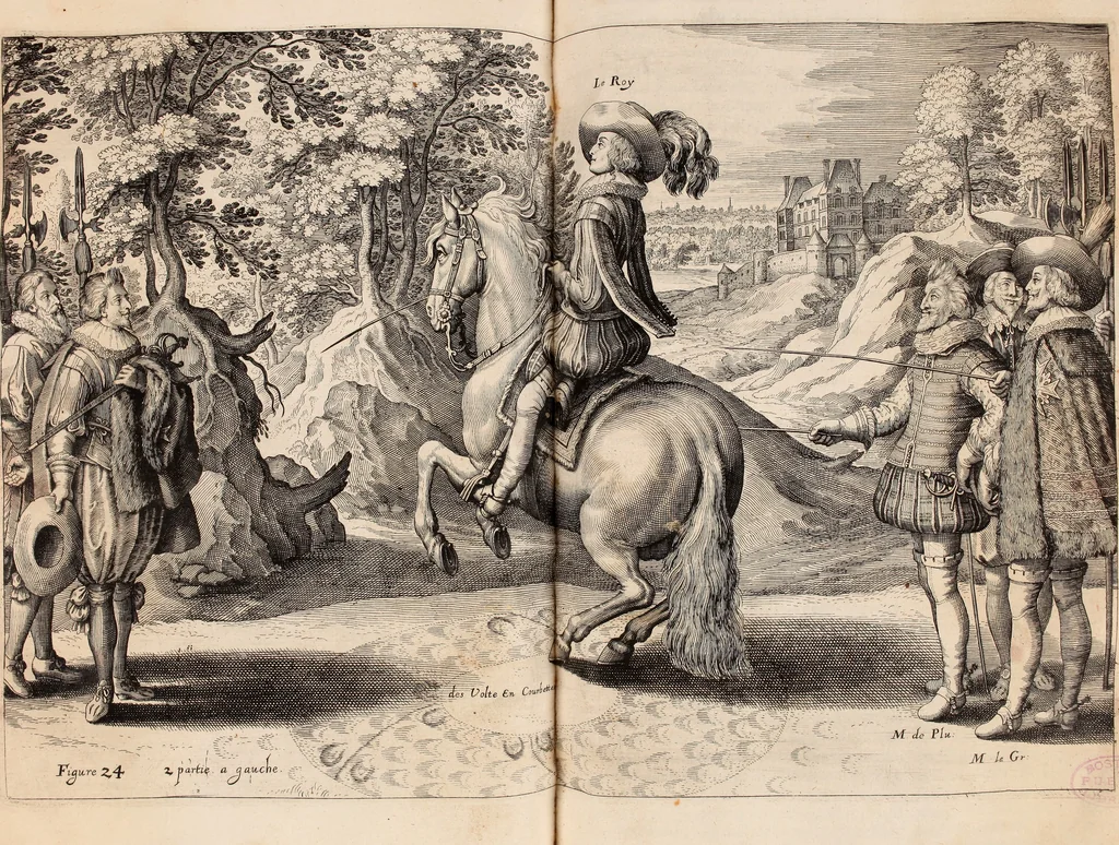 An illustration from Reitkunst Herrn Antonij de Pluvinel, darinnen er die jetzo regirende Kön. Mayst. in Frankreich/Ludouicum XIII. vnderwiesen : lehrend / Wie ein Reutersmann sich zu allen ritterlichen Vbungen bequemen vnd instellen / wie ein Pferd zum Gehorsam zubringen vnd in allerley schönen Schulen / Stücken vnd Maneigen leichtlich vnd volkommenlich abgerichtet werden soll : In Frantzösischer vnd Teutscher Sprach an den Tag gegeben / vnnd mit sechzig schönen Kupfferstücken gezieret, 1628, leaf 176