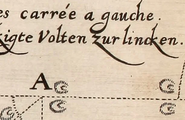 An illustration from Reitkunst Herrn Antonij de Pluvinel, darinnen er die jetzo regirende Kön. Mayst. in Frankreich/Ludouicum XIII. vnderwiesen : lehrend / Wie ein Reutersmann sich zu allen ritterlichen Vbungen bequemen vnd instellen / wie ein Pferd zum Gehorsam zubringen vnd in allerley schönen Schulen / Stücken vnd Maneigen leichtlich vnd volkommenlich abgerichtet werden soll : In Frantzösischer vnd Teutscher Sprach an den Tag gegeben / vnnd mit sechzig schönen Kupfferstücken gezieret, 1628, leaf 182
