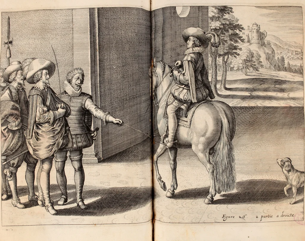 An illustration from Reitkunst Herrn Antonij de Pluvinel, darinnen er die jetzo regirende Kön. Mayst. in Frankreich/Ludouicum XIII. vnderwiesen : lehrend / Wie ein Reutersmann sich zu allen ritterlichen Vbungen bequemen vnd instellen / wie ein Pferd zum Gehorsam zubringen vnd in allerley schönen Schulen / Stücken vnd Maneigen leichtlich vnd volkommenlich abgerichtet werden soll : In Frantzösischer vnd Teutscher Sprach an den Tag gegeben / vnnd mit sechzig schönen Kupfferstücken gezieret, 1628, leaf 186