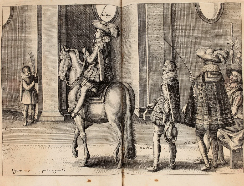 An illustration from Reitkunst Herrn Antonij de Pluvinel, darinnen er die jetzo regirende Kön. Mayst. in Frankreich/Ludouicum XIII. vnderwiesen : lehrend / Wie ein Reutersmann sich zu allen ritterlichen Vbungen bequemen vnd instellen / wie ein Pferd zum Gehorsam zubringen vnd in allerley schönen Schulen / Stücken vnd Maneigen leichtlich vnd volkommenlich abgerichtet werden soll : In Frantzösischer vnd Teutscher Sprach an den Tag gegeben / vnnd mit sechzig schönen Kupfferstücken gezieret, 1628, leaf 192