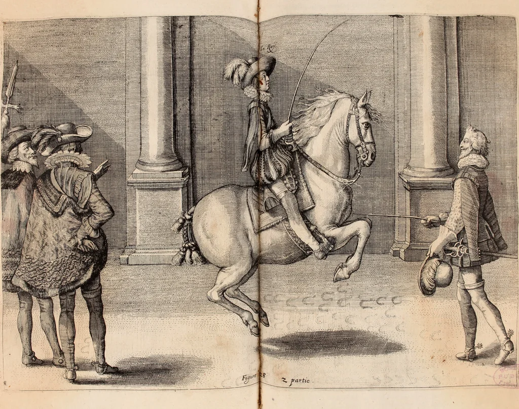 An illustration from Reitkunst Herrn Antonij de Pluvinel, darinnen er die jetzo regirende Kön. Mayst. in Frankreich/Ludouicum XIII. vnderwiesen : lehrend / Wie ein Reutersmann sich zu allen ritterlichen Vbungen bequemen vnd instellen / wie ein Pferd zum Gehorsam zubringen vnd in allerley schönen Schulen / Stücken vnd Maneigen leichtlich vnd volkommenlich abgerichtet werden soll : In Frantzösischer vnd Teutscher Sprach an den Tag gegeben / vnnd mit sechzig schönen Kupfferstücken gezieret, 1628, leaf 196