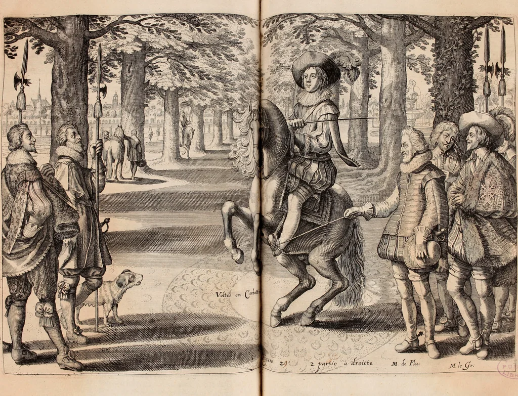 An illustration from Reitkunst Herrn Antonij de Pluvinel, darinnen er die jetzo regirende Kön. Mayst. in Frankreich/Ludouicum XIII. vnderwiesen : lehrend / Wie ein Reutersmann sich zu allen ritterlichen Vbungen bequemen vnd instellen / wie ein Pferd zum Gehorsam zubringen vnd in allerley schönen Schulen / Stücken vnd Maneigen leichtlich vnd volkommenlich abgerichtet werden soll : In Frantzösischer vnd Teutscher Sprach an den Tag gegeben / vnnd mit sechzig schönen Kupfferstücken gezieret, 1628, leaf 202