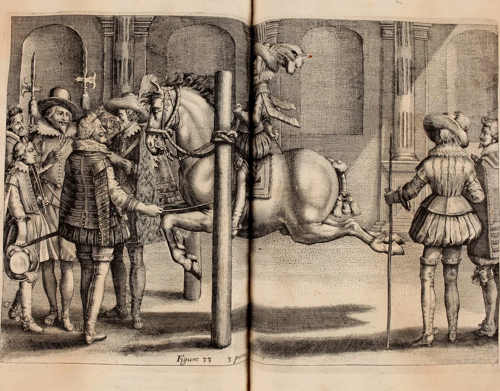An illustration from Reitkunst Herrn Antonij de Pluvinel, darinnen er die jetzo regirende Kön. Mayst. in Frankreich/Ludouicum XIII. vnderwiesen : lehrend / Wie ein Reutersmann sich zu allen ritterlichen Vbungen bequemen vnd instellen / wie ein Pferd zum Gehorsam zubringen vnd in allerley schönen Schulen / Stücken vnd Maneigen leichtlich vnd volkommenlich abgerichtet werden soll : In Frantzösischer vnd Teutscher Sprach an den Tag gegeben / vnnd mit sechzig schönen Kupfferstücken gezieret, 1628, leaf 230
