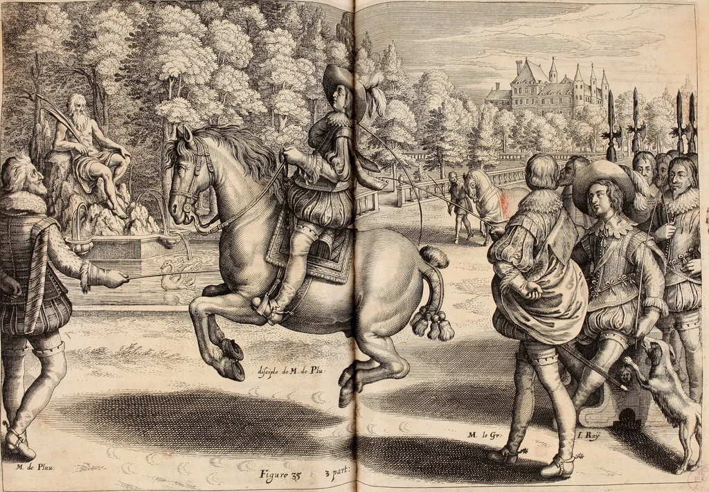 An illustration from Reitkunst Herrn Antonij de Pluvinel, darinnen er die jetzo regirende Kön. Mayst. in Frankreich/Ludouicum XIII. vnderwiesen : lehrend / Wie ein Reutersmann sich zu allen ritterlichen Vbungen bequemen vnd instellen / wie ein Pferd zum Gehorsam zubringen vnd in allerley schönen Schulen / Stücken vnd Maneigen leichtlich vnd volkommenlich abgerichtet werden soll : In Frantzösischer vnd Teutscher Sprach an den Tag gegeben / vnnd mit sechzig schönen Kupfferstücken gezieret, 1628, leaf 244
