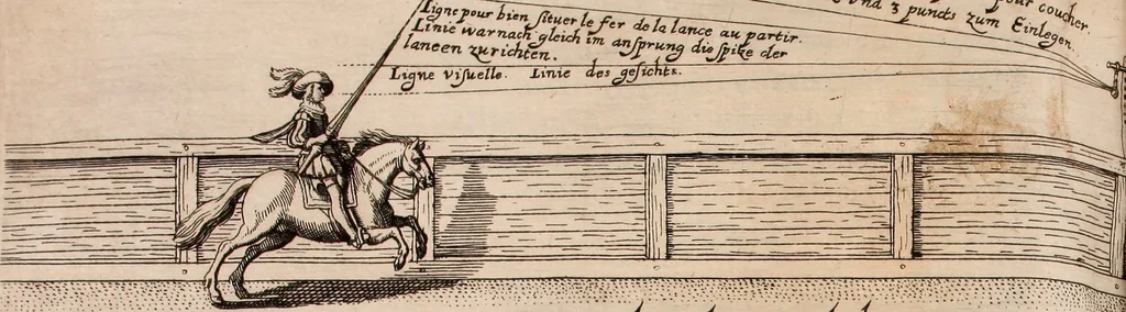 An illustration from Reitkunst Herrn Antonij de Pluvinel, darinnen er die jetzo regirende Kön. Mayst. in Frankreich/Ludouicum XIII. vnderwiesen : lehrend / Wie ein Reutersmann sich zu allen ritterlichen Vbungen bequemen vnd instellen / wie ein Pferd zum Gehorsam zubringen vnd in allerley schönen Schulen / Stücken vnd Maneigen leichtlich vnd volkommenlich abgerichtet werden soll : In Frantzösischer vnd Teutscher Sprach an den Tag gegeben / vnnd mit sechzig schönen Kupfferstücken gezieret, 1628, leaf 258
