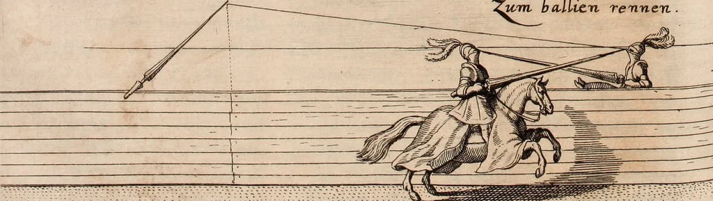 An illustration from Reitkunst Herrn Antonij de Pluvinel, darinnen er die jetzo regirende Kön. Mayst. in Frankreich/Ludouicum XIII. vnderwiesen : lehrend / Wie ein Reutersmann sich zu allen ritterlichen Vbungen bequemen vnd instellen / wie ein Pferd zum Gehorsam zubringen vnd in allerley schönen Schulen / Stücken vnd Maneigen leichtlich vnd volkommenlich abgerichtet werden soll : In Frantzösischer vnd Teutscher Sprach an den Tag gegeben / vnnd mit sechzig schönen Kupfferstücken gezieret, 1628, leaf 258