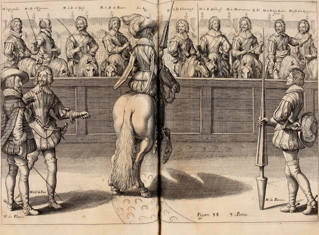 An illustration from Reitkunst Herrn Antonij de Pluvinel, darinnen er die jetzo regirende Kön. Mayst. in Frankreich/Ludouicum XIII. vnderwiesen : lehrend / Wie ein Reutersmann sich zu allen ritterlichen Vbungen bequemen vnd instellen / wie ein Pferd zum Gehorsam zubringen vnd in allerley schönen Schulen / Stücken vnd Maneigen leichtlich vnd volkommenlich abgerichtet werden soll : In Frantzösischer vnd Teutscher Sprach an den Tag gegeben / vnnd mit sechzig schönen Kupfferstücken gezieret, 1628, leaf 266