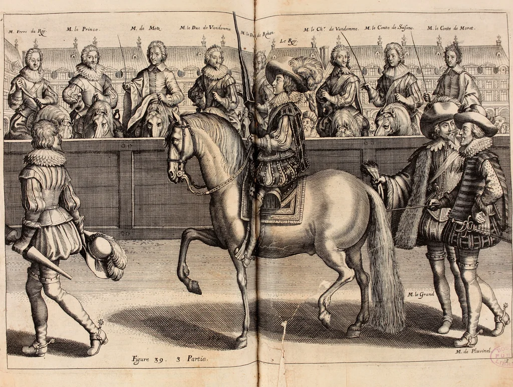 An illustration from Reitkunst Herrn Antonij de Pluvinel, darinnen er die jetzo regirende Kön. Mayst. in Frankreich/Ludouicum XIII. vnderwiesen : lehrend / Wie ein Reutersmann sich zu allen ritterlichen Vbungen bequemen vnd instellen / wie ein Pferd zum Gehorsam zubringen vnd in allerley schönen Schulen / Stücken vnd Maneigen leichtlich vnd volkommenlich abgerichtet werden soll : In Frantzösischer vnd Teutscher Sprach an den Tag gegeben / vnnd mit sechzig schönen Kupfferstücken gezieret, 1628, leaf 272