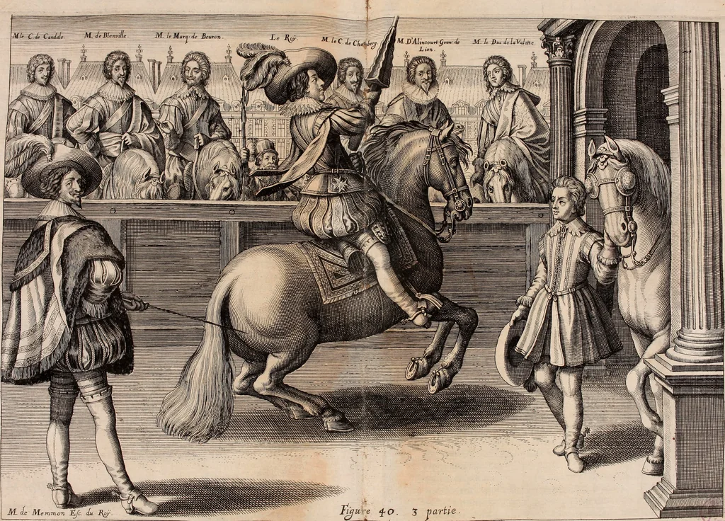 An illustration from Reitkunst Herrn Antonij de Pluvinel, darinnen er die jetzo regirende Kön. Mayst. in Frankreich/Ludouicum XIII. vnderwiesen : lehrend / Wie ein Reutersmann sich zu allen ritterlichen Vbungen bequemen vnd instellen / wie ein Pferd zum Gehorsam zubringen vnd in allerley schönen Schulen / Stücken vnd Maneigen leichtlich vnd volkommenlich abgerichtet werden soll : In Frantzösischer vnd Teutscher Sprach an den Tag gegeben / vnnd mit sechzig schönen Kupfferstücken gezieret, 1628, leaf 280