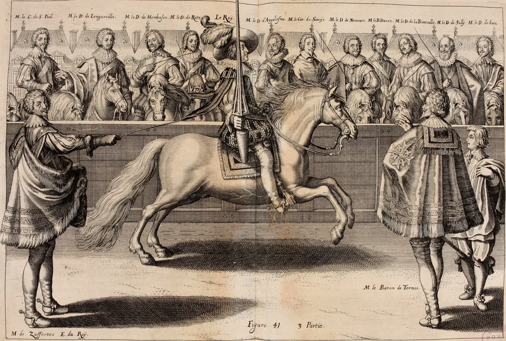 An illustration from Reitkunst Herrn Antonij de Pluvinel, darinnen er die jetzo regirende Kön. Mayst. in Frankreich/Ludouicum XIII. vnderwiesen : lehrend / Wie ein Reutersmann sich zu allen ritterlichen Vbungen bequemen vnd instellen / wie ein Pferd zum Gehorsam zubringen vnd in allerley schönen Schulen / Stücken vnd Maneigen leichtlich vnd volkommenlich abgerichtet werden soll : In Frantzösischer vnd Teutscher Sprach an den Tag gegeben / vnnd mit sechzig schönen Kupfferstücken gezieret, 1628, leaf 286