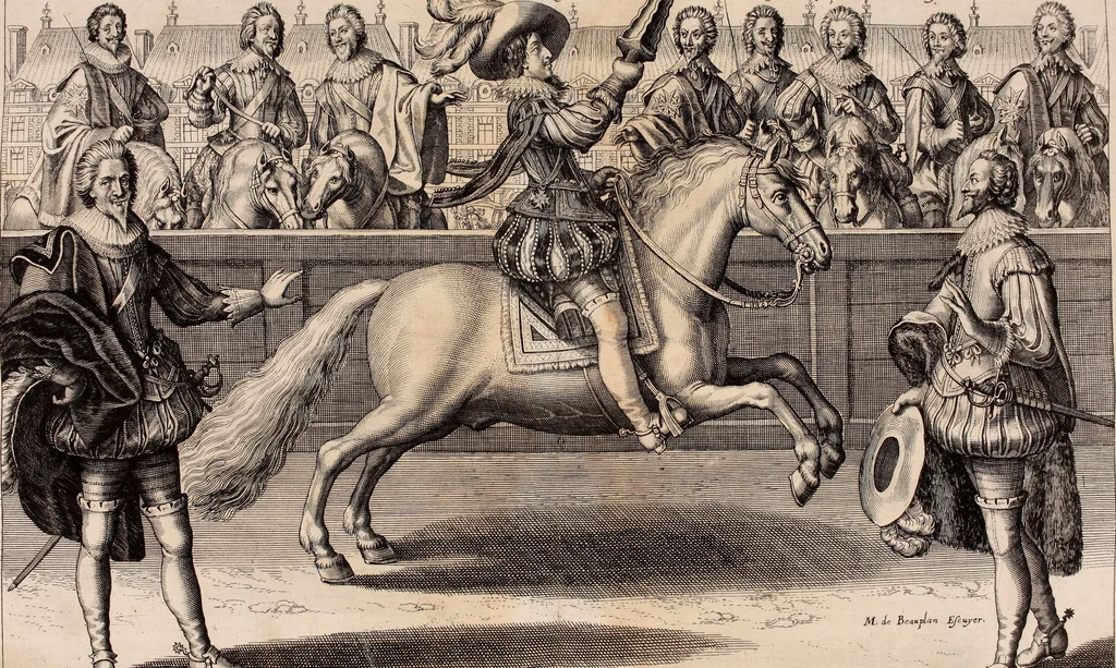 An illustration from Reitkunst Herrn Antonij de Pluvinel, darinnen er die jetzo regirende Kön. Mayst. in Frankreich/Ludouicum XIII. vnderwiesen : lehrend / Wie ein Reutersmann sich zu allen ritterlichen Vbungen bequemen vnd instellen / wie ein Pferd zum Gehorsam zubringen vnd in allerley schönen Schulen / Stücken vnd Maneigen leichtlich vnd volkommenlich abgerichtet werden soll : In Frantzösischer vnd Teutscher Sprach an den Tag gegeben / vnnd mit sechzig schönen Kupfferstücken gezieret, 1628, leaf 292