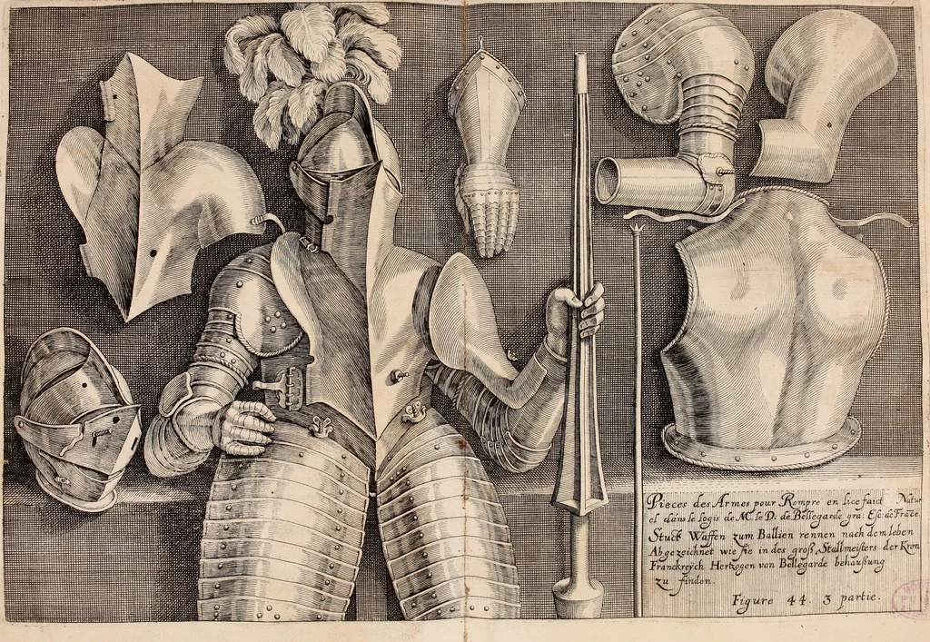 An illustration from Reitkunst Herrn Antonij de Pluvinel, darinnen er die jetzo regirende Kön. Mayst. in Frankreich/Ludouicum XIII. vnderwiesen : lehrend / Wie ein Reutersmann sich zu allen ritterlichen Vbungen bequemen vnd instellen / wie ein Pferd zum Gehorsam zubringen vnd in allerley schönen Schulen / Stücken vnd Maneigen leichtlich vnd volkommenlich abgerichtet werden soll : In Frantzösischer vnd Teutscher Sprach an den Tag gegeben / vnnd mit sechzig schönen Kupfferstücken gezieret, 1628, leaf 306