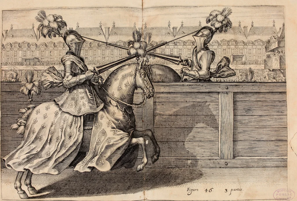 An illustration from Reitkunst Herrn Antonij de Pluvinel, darinnen er die jetzo regirende Kön. Mayst. in Frankreich/Ludouicum XIII. vnderwiesen : lehrend / Wie ein Reutersmann sich zu allen ritterlichen Vbungen bequemen vnd instellen / wie ein Pferd zum Gehorsam zubringen vnd in allerley schönen Schulen / Stücken vnd Maneigen leichtlich vnd volkommenlich abgerichtet werden soll : In Frantzösischer vnd Teutscher Sprach an den Tag gegeben / vnnd mit sechzig schönen Kupfferstücken gezieret, 1628, leaf 316