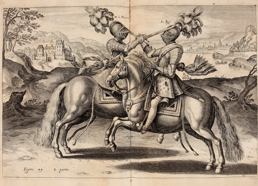 An illustration from Reitkunst Herrn Antonij de Pluvinel, darinnen er die jetzo regirende Kön. Mayst. in Frankreich/Ludouicum XIII. vnderwiesen : lehrend / Wie ein Reutersmann sich zu allen ritterlichen Vbungen bequemen vnd instellen / wie ein Pferd zum Gehorsam zubringen vnd in allerley schönen Schulen / Stücken vnd Maneigen leichtlich vnd volkommenlich abgerichtet werden soll : In Frantzösischer vnd Teutscher Sprach an den Tag gegeben / vnnd mit sechzig schönen Kupfferstücken gezieret, 1628, leaf 328