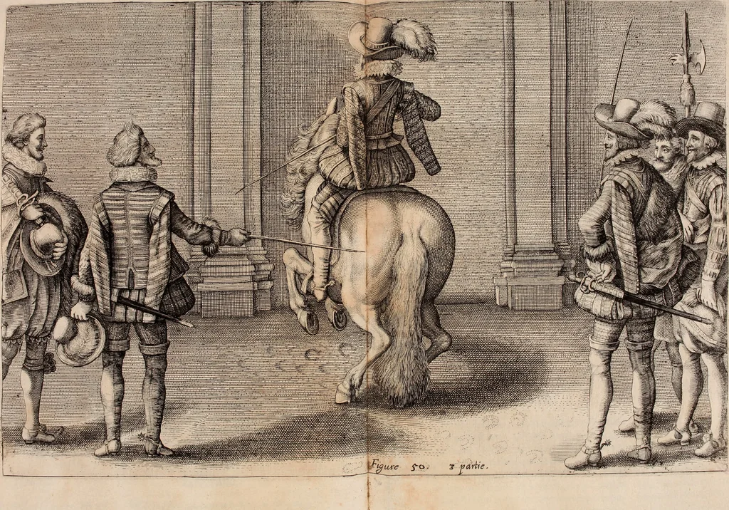 An illustration from Reitkunst Herrn Antonij de Pluvinel, darinnen er die jetzo regirende Kön. Mayst. in Frankreich/Ludouicum XIII. vnderwiesen : lehrend / Wie ein Reutersmann sich zu allen ritterlichen Vbungen bequemen vnd instellen / wie ein Pferd zum Gehorsam zubringen vnd in allerley schönen Schulen / Stücken vnd Maneigen leichtlich vnd volkommenlich abgerichtet werden soll : In Frantzösischer vnd Teutscher Sprach an den Tag gegeben / vnnd mit sechzig schönen Kupfferstücken gezieret, 1628, leaf 338