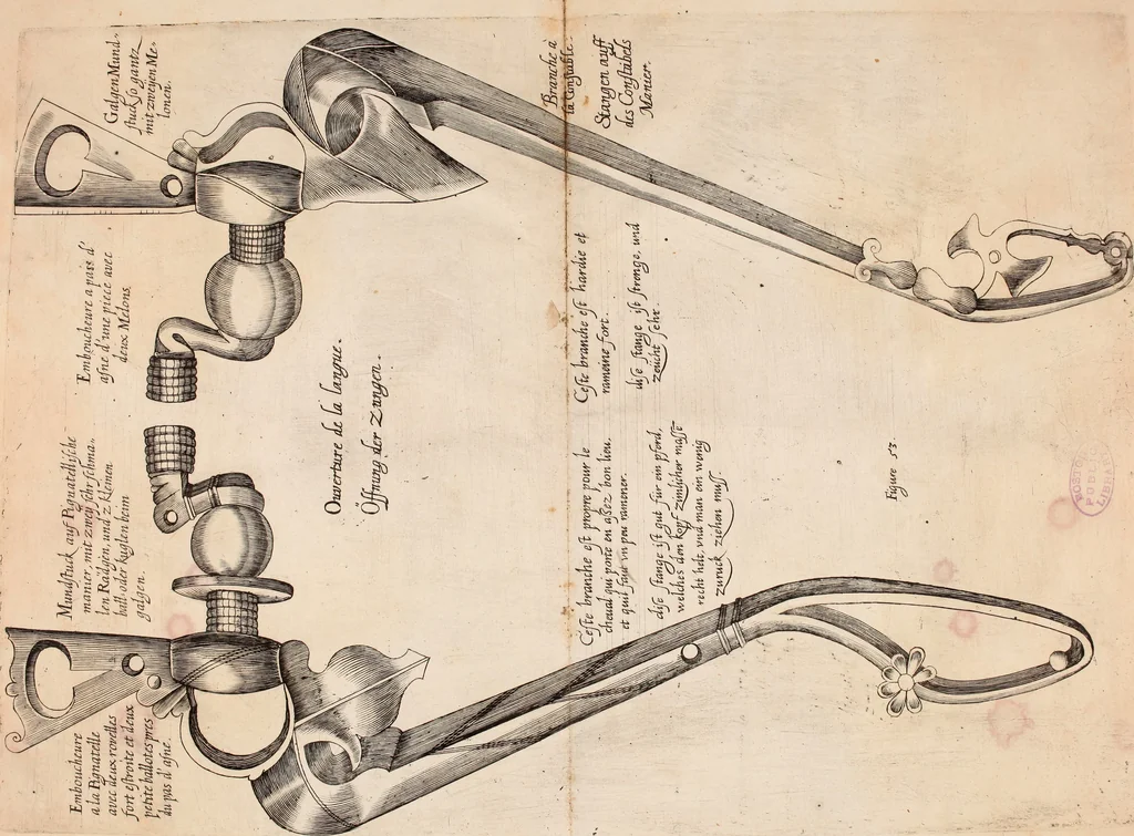 An illustration from Reitkunst Herrn Antonij de Pluvinel, darinnen er die jetzo regirende Kön. Mayst. in Frankreich/Ludouicum XIII. vnderwiesen : lehrend / Wie ein Reutersmann sich zu allen ritterlichen Vbungen bequemen vnd instellen / wie ein Pferd zum Gehorsam zubringen vnd in allerley schönen Schulen / Stücken vnd Maneigen leichtlich vnd volkommenlich abgerichtet werden soll : In Frantzösischer vnd Teutscher Sprach an den Tag gegeben / vnnd mit sechzig schönen Kupfferstücken gezieret, 1628, leaf 362