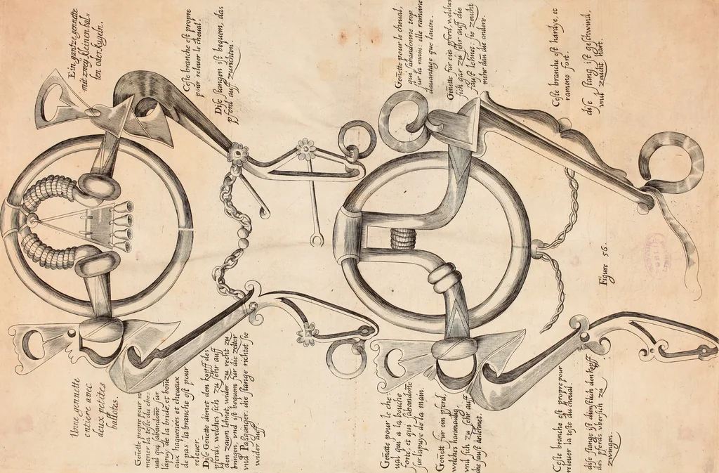 An illustration from Reitkunst Herrn Antonij de Pluvinel, darinnen er die jetzo regirende Kön. Mayst. in Frankreich/Ludouicum XIII. vnderwiesen : lehrend / Wie ein Reutersmann sich zu allen ritterlichen Vbungen bequemen vnd instellen / wie ein Pferd zum Gehorsam zubringen vnd in allerley schönen Schulen / Stücken vnd Maneigen leichtlich vnd volkommenlich abgerichtet werden soll : In Frantzösischer vnd Teutscher Sprach an den Tag gegeben / vnnd mit sechzig schönen Kupfferstücken gezieret, 1628, leaf 374