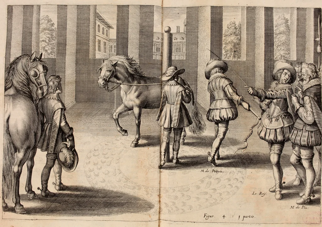 An illustration from Reitkunst Herrn Antonij de Pluvinel, darinnen er die jetzo regirende Kön. Mayst. in Frankreich/Ludouicum XIII. vnderwiesen : lehrend / Wie ein Reutersmann sich zu allen ritterlichen Vbungen bequemen vnd instellen / wie ein Pferd zum Gehorsam zubringen vnd in allerley schönen Schulen / Stücken vnd Maneigen leichtlich vnd volkommenlich abgerichtet werden soll : In Frantzösischer vnd Teutscher Sprach an den Tag gegeben / vnnd mit sechzig schönen Kupfferstücken gezieret, 1628, leaf 40