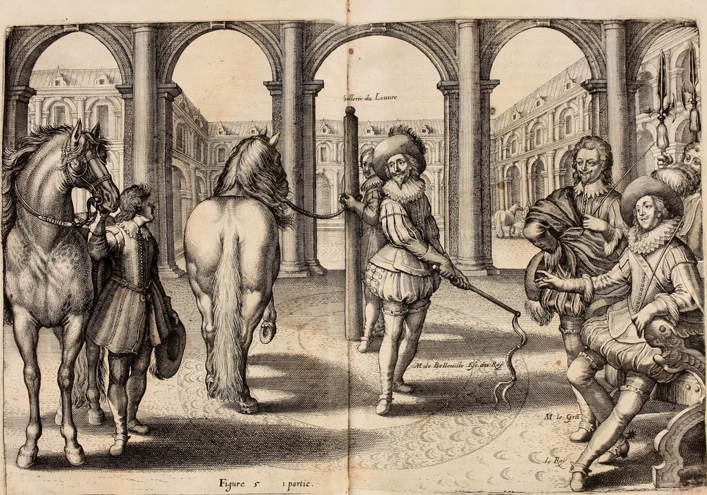 An illustration from Reitkunst Herrn Antonij de Pluvinel, darinnen er die jetzo regirende Kön. Mayst. in Frankreich/Ludouicum XIII. vnderwiesen : lehrend / Wie ein Reutersmann sich zu allen ritterlichen Vbungen bequemen vnd instellen / wie ein Pferd zum Gehorsam zubringen vnd in allerley schönen Schulen / Stücken vnd Maneigen leichtlich vnd volkommenlich abgerichtet werden soll : In Frantzösischer vnd Teutscher Sprach an den Tag gegeben / vnnd mit sechzig schönen Kupfferstücken gezieret, 1628, leaf 48