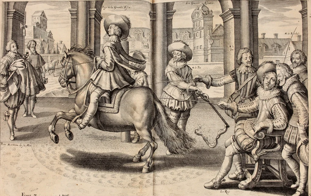 An illustration from Reitkunst Herrn Antonij de Pluvinel, darinnen er die jetzo regirende Kön. Mayst. in Frankreich/Ludouicum XIII. vnderwiesen : lehrend / Wie ein Reutersmann sich zu allen ritterlichen Vbungen bequemen vnd instellen / wie ein Pferd zum Gehorsam zubringen vnd in allerley schönen Schulen / Stücken vnd Maneigen leichtlich vnd volkommenlich abgerichtet werden soll : In Frantzösischer vnd Teutscher Sprach an den Tag gegeben / vnnd mit sechzig schönen Kupfferstücken gezieret, 1628, leaf 62