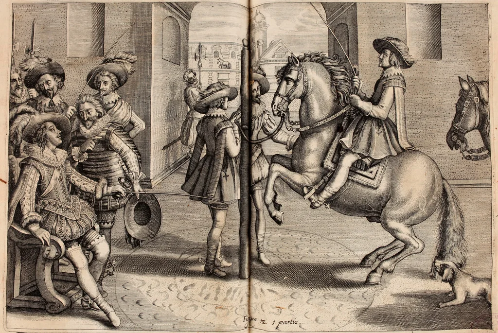 An illustration from Reitkunst Herrn Antonij de Pluvinel, darinnen er die jetzo regirende Kön. Mayst. in Frankreich/Ludouicum XIII. vnderwiesen : lehrend / Wie ein Reutersmann sich zu allen ritterlichen Vbungen bequemen vnd instellen / wie ein Pferd zum Gehorsam zubringen vnd in allerley schönen Schulen / Stücken vnd Maneigen leichtlich vnd volkommenlich abgerichtet werden soll : In Frantzösischer vnd Teutscher Sprach an den Tag gegeben / vnnd mit sechzig schönen Kupfferstücken gezieret, 1628, leaf 92