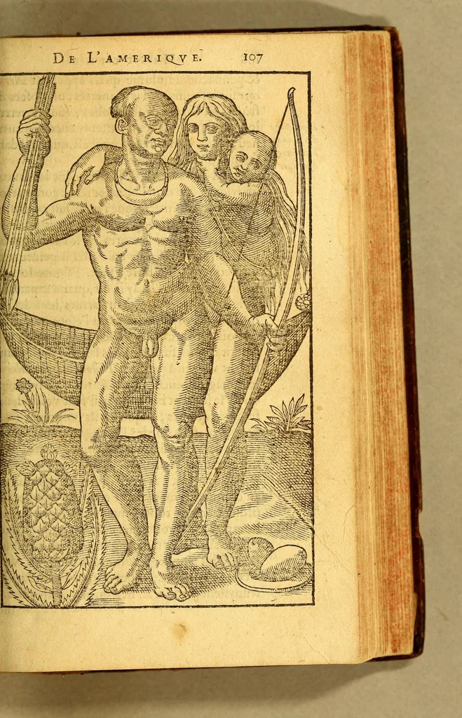 An illustration from Histoire d'un voyage faict en la terre du Bresil, autrement dite Amerique. : Contenant la nauigation, & choses remarquables, veuës sur mer par l'aucteur. Le comportement de Villegagnon en ce pays la. Les moeurs & facons de viure estranges des sauuages ameriquains: auec vn colloque de leur langage. Ensemble la description de plusieurs animaux, arbres, herbes, & autres choses singulieres, & du tout inco[n]nues pardecà: dont on verra les sommaires des chapitres au commencement du liure., 1580, leaf 157