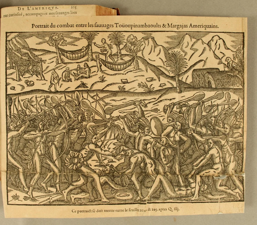 An illustration from Histoire d'un voyage faict en la terre du Bresil, autrement dite Amerique. : Contenant la nauigation, & choses remarquables, veuës sur mer par l'aucteur. Le comportement de Villegagnon en ce pays la. Les moeurs & facons de viure estranges des sauuages ameriquains: auec vn colloque de leur langage. Ensemble la description de plusieurs animaux, arbres, herbes, & autres choses singulieres, & du tout inco[n]nues pardecà: dont on verra les sommaires des chapitres au commencement du liure., 1580, leaf 255