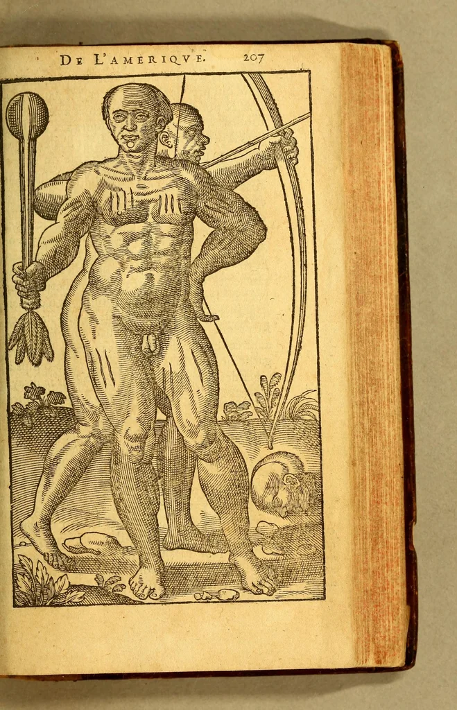 An illustration from Histoire d'un voyage faict en la terre du Bresil, autrement dite Amerique. : Contenant la nauigation, & choses remarquables, veuës sur mer par l'aucteur. Le comportement de Villegagnon en ce pays la. Les moeurs & facons de viure estranges des sauuages ameriquains: auec vn colloque de leur langage. Ensemble la description de plusieurs animaux, arbres, herbes, & autres choses singulieres, & du tout inco[n]nues pardecà: dont on verra les sommaires des chapitres au commencement du liure., 1580, leaf 259
