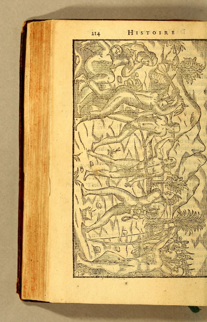 An illustration from Histoire d'un voyage faict en la terre du Bresil, autrement dite Amerique. : Contenant la nauigation, & choses remarquables, veuës sur mer par l'aucteur. Le comportement de Villegagnon en ce pays la. Les moeurs & facons de viure estranges des sauuages ameriquains: auec vn colloque de leur langage. Ensemble la description de plusieurs animaux, arbres, herbes, & autres choses singulieres, & du tout inco[n]nues pardecà: dont on verra les sommaires des chapitres au commencement du liure., 1580, leaf 266