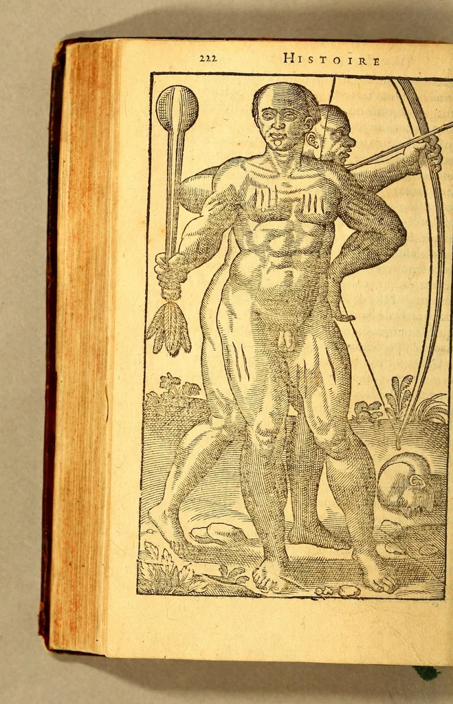 An illustration from Histoire d'un voyage faict en la terre du Bresil, autrement dite Amerique. : Contenant la nauigation, & choses remarquables, veuës sur mer par l'aucteur. Le comportement de Villegagnon en ce pays la. Les moeurs & facons de viure estranges des sauuages ameriquains: auec vn colloque de leur langage. Ensemble la description de plusieurs animaux, arbres, herbes, & autres choses singulieres, & du tout inco[n]nues pardecà: dont on verra les sommaires des chapitres au commencement du liure., 1580, leaf 274