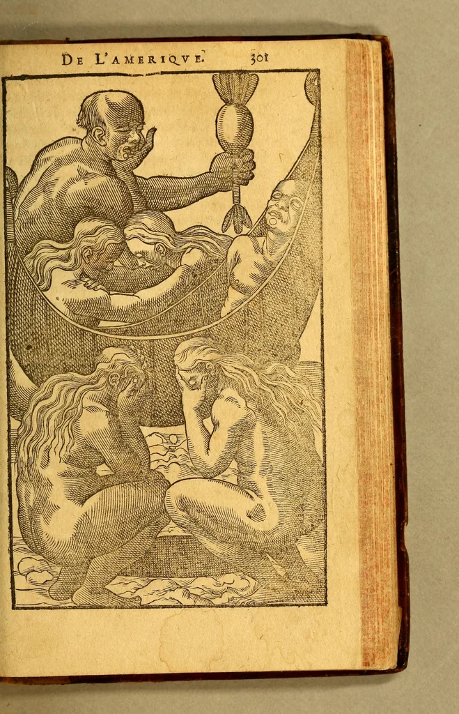 An illustration from Histoire d'un voyage faict en la terre du Bresil, autrement dite Amerique. : Contenant la nauigation, & choses remarquables, veuës sur mer par l'aucteur. Le comportement de Villegagnon en ce pays la. Les moeurs & facons de viure estranges des sauuages ameriquains: auec vn colloque de leur langage. Ensemble la description de plusieurs animaux, arbres, herbes, & autres choses singulieres, & du tout inco[n]nues pardecà: dont on verra les sommaires des chapitres au commencement du liure., 1580, leaf 353