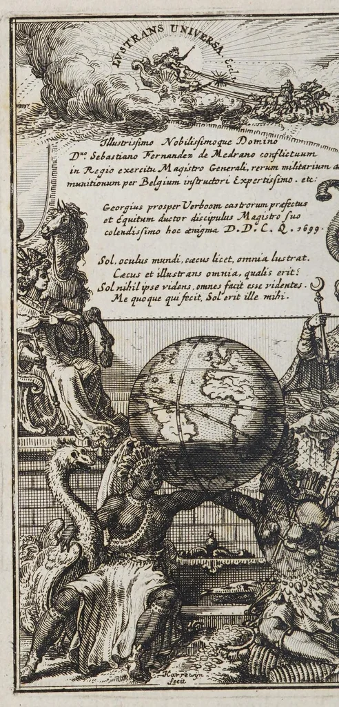An illustration from Relacion de un pais que nuevamente se ha descubierto en la America septentrional de mas estendido que es la Europa. : Y que saca à luz en Castellano, debajo de la proteccion de el Exmo. Sr. Duque de el Infantado, Pastrana, &c. el sargento general de batalla don Sebastian Fernandez de Medrano, director de la Academia real y militar de el exercito de los Païses Bajos, 1699, leaf 12