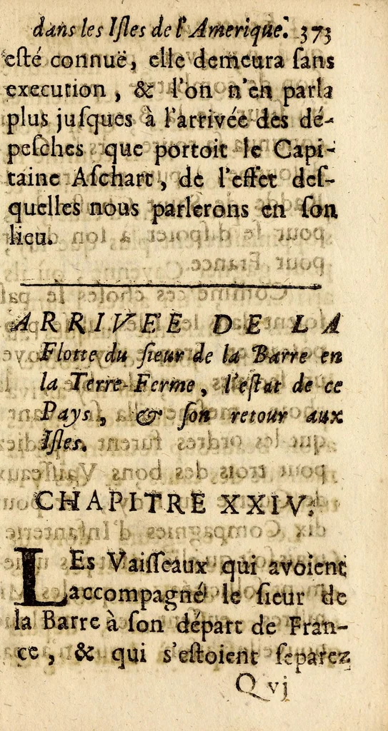 An illustration from Relation de ce qui s'est passé, dans les isles & terre-ferme de l'Amerique, : pendant la derniere guerre avec l'Angleterre, & depuis en execution du traitté de Breda. Avec un journal du dernier voyage du Sr de la Barre en la terre-ferme, & isle de Cayenne, accompagné d'une exacte description du pays, mœurs & naturel des habitans., 1671, leaf 437