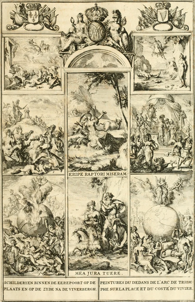 An illustration from Relation du voyage de Sa Majesté britannique en Hollande, et de la reception qui luy a été faite : enrichie de planches très-curieuses : avec un récit abregé de ce qui s'est passé de plus considerable depuis l'arrivée de Sa Majesté en Hollande le 31. de Janvier, jusqu'à son retour en Angleterre, au mois d'Avril 1691, & l'heureax succés de l'expedition d'Irlande, subjuguée par les arnes toûjours victorieuses de Sa Majesté, 1692, leaf 100
