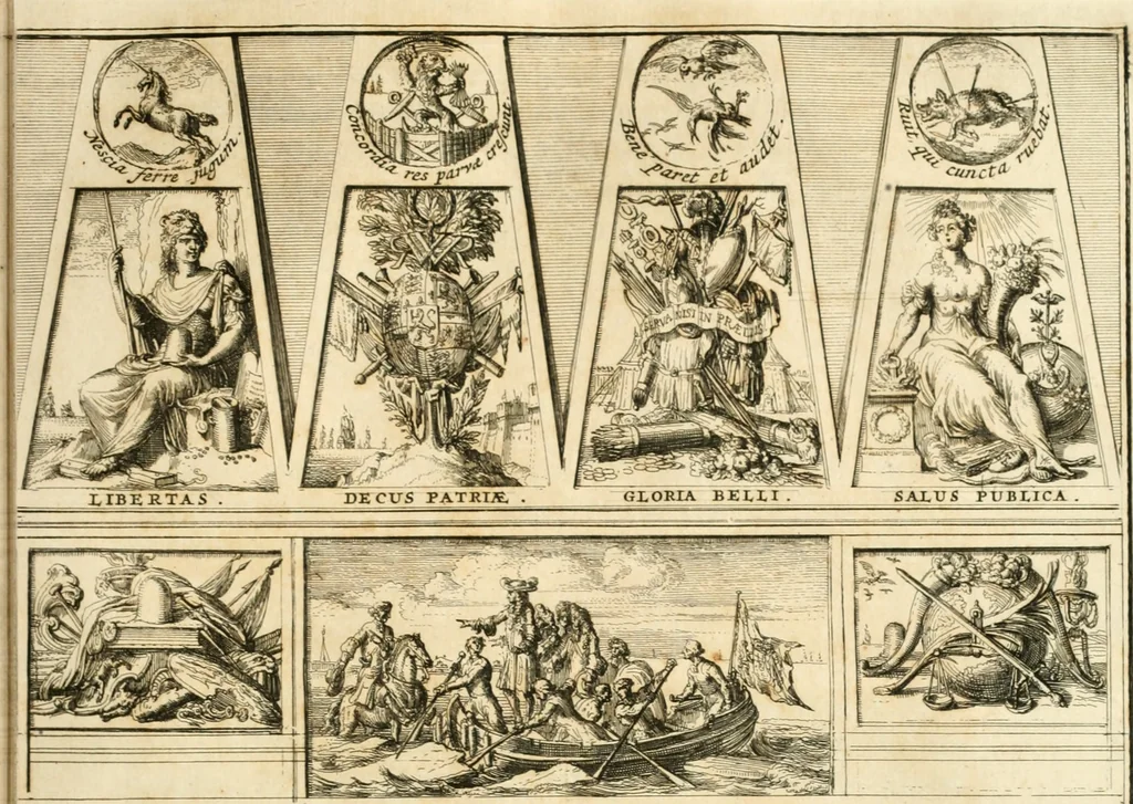 An illustration from Relation du voyage de Sa Majesté britannique en Hollande, et de la reception qui luy a été faite : enrichie de planches très-curieuses : avec un récit abregé de ce qui s'est passé de plus considerable depuis l'arrivée de Sa Majesté en Hollande le 31. de Janvier, jusqu'à son retour en Angleterre, au mois d'Avril 1691, & l'heureax succés de l'expedition d'Irlande, subjuguée par les arnes toûjours victorieuses de Sa Majesté, 1692, leaf 110