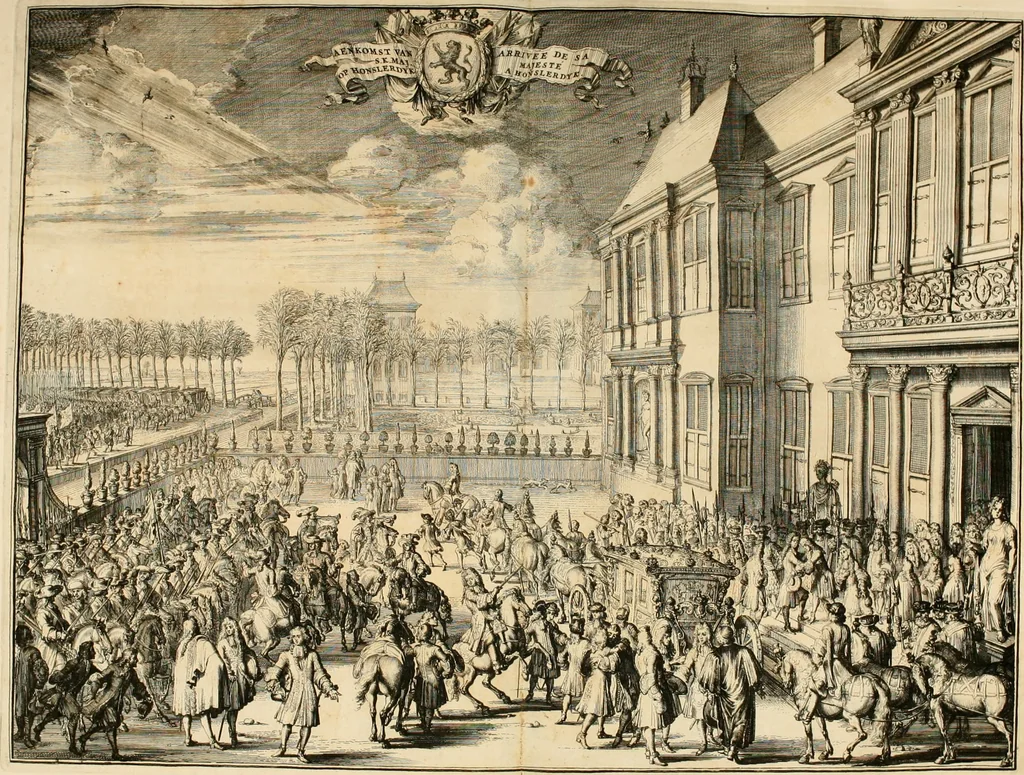 An illustration from Relation du voyage de Sa Majesté britannique en Hollande, et de la reception qui luy a été faite : enrichie de planches très-curieuses : avec un récit abregé de ce qui s'est passé de plus considerable depuis l'arrivée de Sa Majesté en Hollande le 31. de Janvier, jusqu'à son retour en Angleterre, au mois d'Avril 1691, & l'heureax succés de l'expedition d'Irlande, subjuguée par les arnes toûjours victorieuses de Sa Majesté, 1692, leaf 35