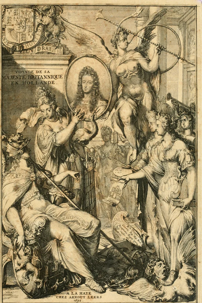 An illustration from Relation du voyage de Sa Majesté britannique en Hollande, et de la reception qui luy a été faite : enrichie de planches très-curieuses : avec un récit abregé de ce qui s'est passé de plus considerable depuis l'arrivée de Sa Majesté en Hollande le 31. de Janvier, jusqu'à son retour en Angleterre, au mois d'Avril 1691, & l'heureax succés de l'expedition d'Irlande, subjuguée par les arnes toûjours victorieuses de Sa Majesté, 1692, leaf 4
