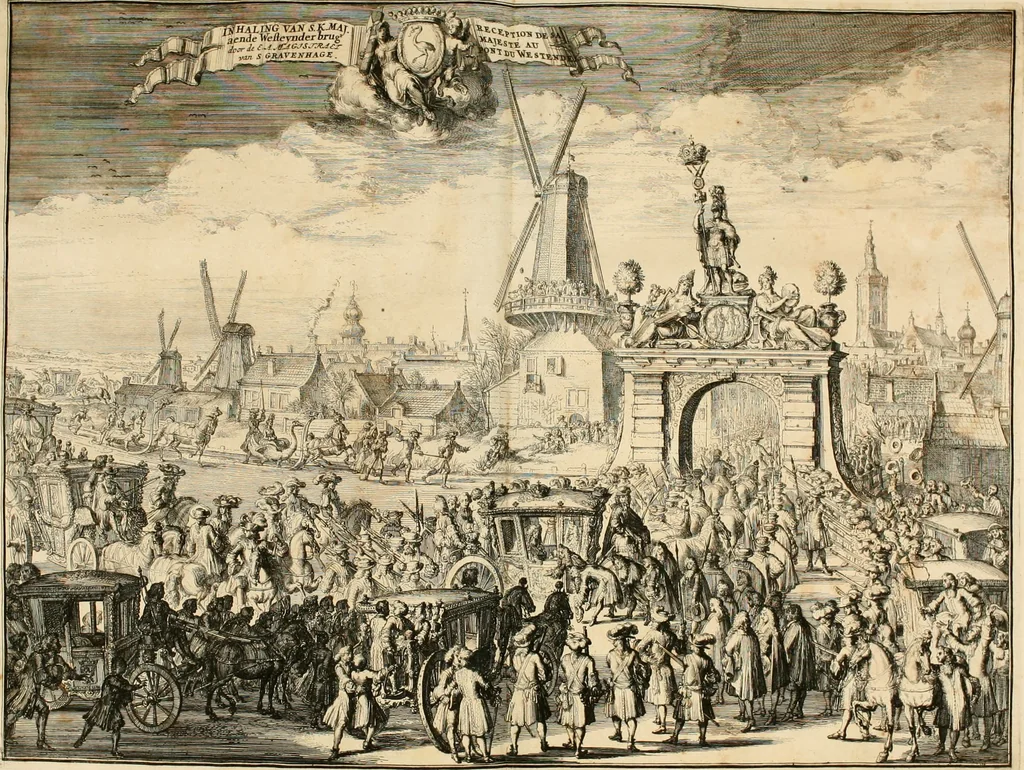 An illustration from Relation du voyage de Sa Majesté britannique en Hollande, et de la reception qui luy a été faite : enrichie de planches très-curieuses : avec un récit abregé de ce qui s'est passé de plus considerable depuis l'arrivée de Sa Majesté en Hollande le 31. de Janvier, jusqu'à son retour en Angleterre, au mois d'Avril 1691, & l'heureax succés de l'expedition d'Irlande, subjuguée par les arnes toûjours victorieuses de Sa Majesté, 1692, leaf 51