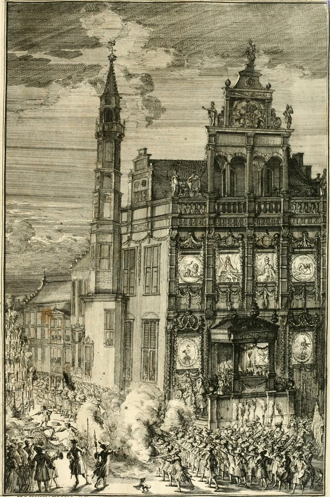 An illustration from Relation du voyage de Sa Majesté britannique en Hollande, et de la reception qui luy a été faite : enrichie de planches très-curieuses : avec un récit abregé de ce qui s'est passé de plus considerable depuis l'arrivée de Sa Majesté en Hollande le 31. de Janvier, jusqu'à son retour en Angleterre, au mois d'Avril 1691, & l'heureax succés de l'expedition d'Irlande, subjuguée par les arnes toûjours victorieuses de Sa Majesté, 1692, leaf 54