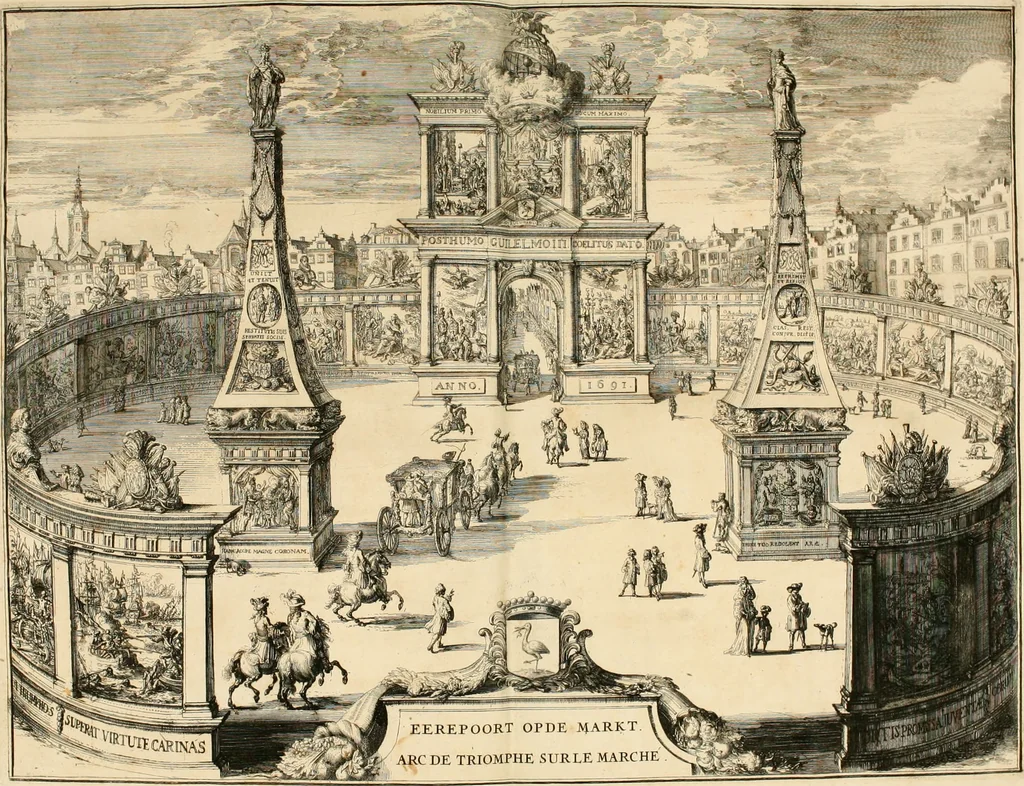 An illustration from Relation du voyage de Sa Majesté britannique en Hollande, et de la reception qui luy a été faite : enrichie de planches très-curieuses : avec un récit abregé de ce qui s'est passé de plus considerable depuis l'arrivée de Sa Majesté en Hollande le 31. de Janvier, jusqu'à son retour en Angleterre, au mois d'Avril 1691, & l'heureax succés de l'expedition d'Irlande, subjuguée par les arnes toûjours victorieuses de Sa Majesté, 1692, leaf 59