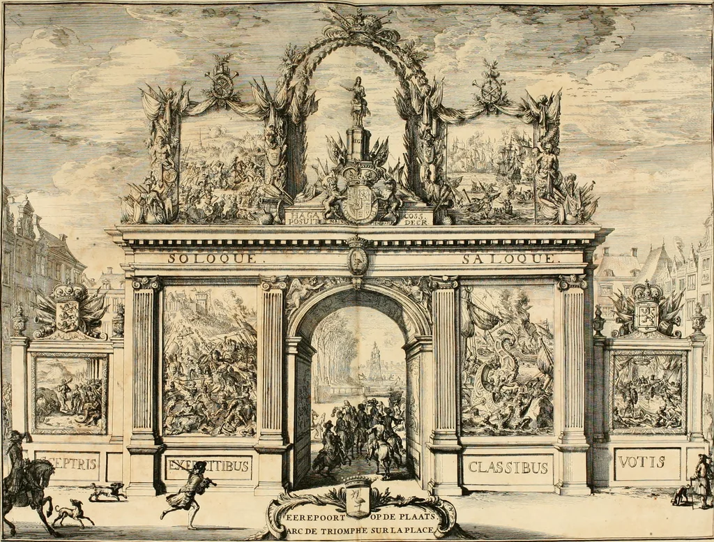 An illustration from Relation du voyage de Sa Majesté britannique en Hollande, et de la reception qui luy a été faite : enrichie de planches très-curieuses : avec un récit abregé de ce qui s'est passé de plus considerable depuis l'arrivée de Sa Majesté en Hollande le 31. de Janvier, jusqu'à son retour en Angleterre, au mois d'Avril 1691, & l'heureax succés de l'expedition d'Irlande, subjuguée par les arnes toûjours victorieuses de Sa Majesté, 1692, leaf 71