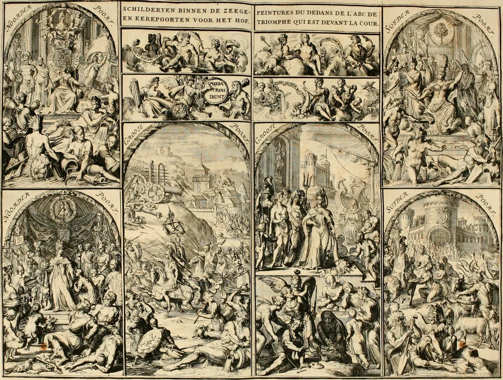 An illustration from Relation du voyage de Sa Majesté britannique en Hollande, et de la reception qui luy a été faite : enrichie de planches très-curieuses : avec un récit abregé de ce qui s'est passé de plus considerable depuis l'arrivée de Sa Majesté en Hollande le 31. de Janvier, jusqu'à son retour en Angleterre, au mois d'Avril 1691, & l'heureax succés de l'expedition d'Irlande, subjuguée par les arnes toûjours victorieuses de Sa Majesté, 1692, leaf 75