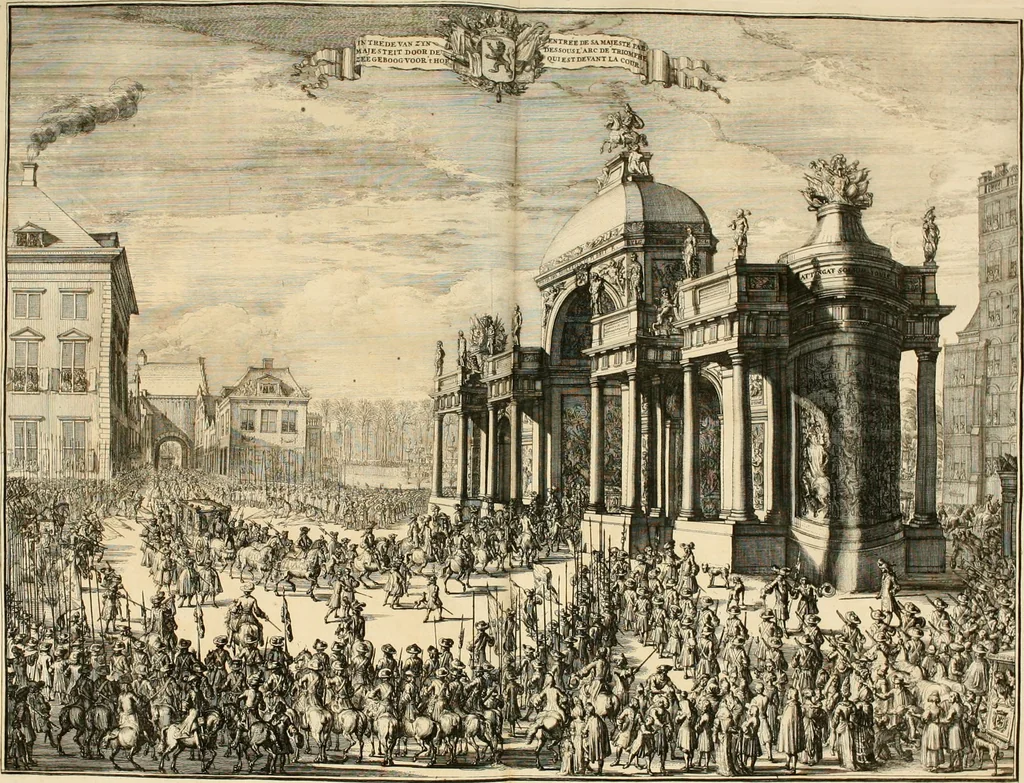 An illustration from Relation du voyage de Sa Majesté britannique en Hollande, et de la reception qui luy a été faite : enrichie de planches très-curieuses : avec un récit abregé de ce qui s'est passé de plus considerable depuis l'arrivée de Sa Majesté en Hollande le 31. de Janvier, jusqu'à son retour en Angleterre, au mois d'Avril 1691, & l'heureax succés de l'expedition d'Irlande, subjuguée par les arnes toûjours victorieuses de Sa Majesté, 1692, leaf 81