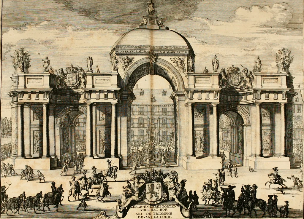 An illustration from Relation du voyage de Sa Majesté britannique en Hollande, et de la reception qui luy a été faite : enrichie de planches très-curieuses : avec un récit abregé de ce qui s'est passé de plus considerable depuis l'arrivée de Sa Majesté en Hollande le 31. de Janvier, jusqu'à son retour en Angleterre, au mois d'Avril 1691, & l'heureax succés de l'expedition d'Irlande, subjuguée par les arnes toûjours victorieuses de Sa Majesté, 1692, leaf 85