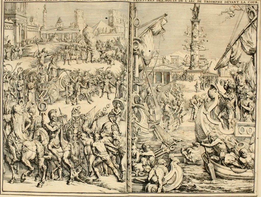 An illustration from Relation du voyage de Sa Majesté britannique en Hollande, et de la reception qui luy a été faite : enrichie de planches très-curieuses : avec un récit abregé de ce qui s'est passé de plus considerable depuis l'arrivée de Sa Majesté en Hollande le 31. de Janvier, jusqu'à son retour en Angleterre, au mois d'Avril 1691, & l'heureax succés de l'expedition d'Irlande, subjuguée par les arnes toûjours victorieuses de Sa Majesté, 1692, leaf 97