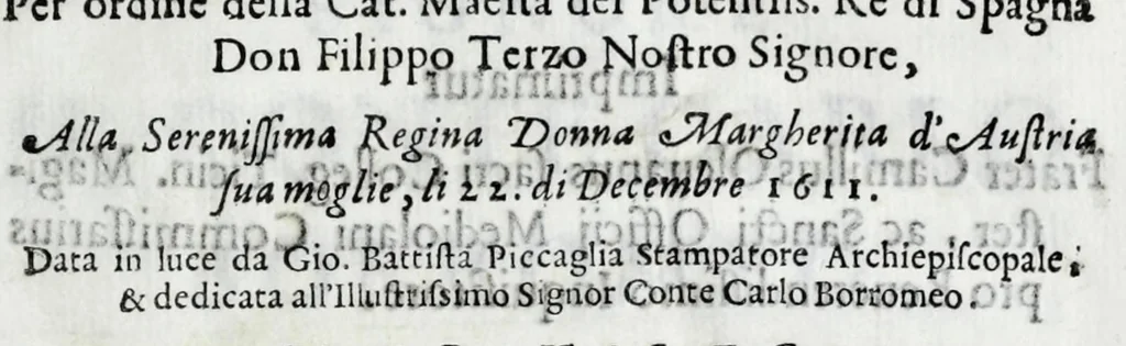 An illustration from Relatione del fvnerale et eseqvie fatte in Milano, : per ordine della Cat. Maestà del potentiss. re di Spagna don Filippo Terzo nostro signore, alla serenissima regina donna Margherita d'Austria sua moglie, li 22. di decembre 1611, 1612, leaf 7